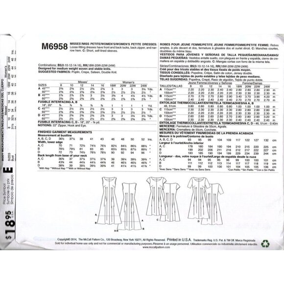 McCall's M6958 Misses or Petite 8 to 16 Easy Dresses UNCUT Sewing Pattern - Picture 2 of 2